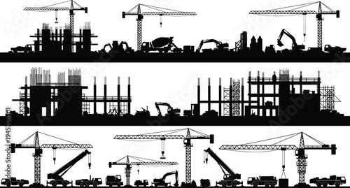 Construction site silhouettes collection with tower cranes, excavators, trucks and workers building structures, industrial development vector illustration isolated on white background