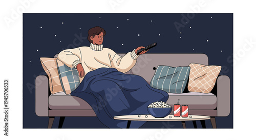 Cozy Evening: Man Watching TV on Sofa with Blanket, Popcorn, and Drinks