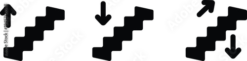 Staircase direction arrows icon set showing stairs up down navigation symbols minimal black wayfinding sign vector illustration isolated