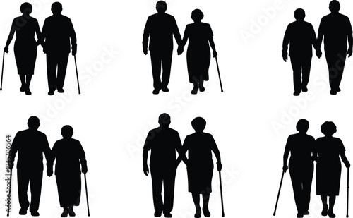 Set of senior couple silhouettes walking together with canes representing elderly lifestyle, companionship, support, and active aging isolated on white background
