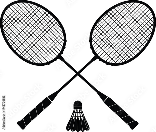 Crossed badminton rackets with shuttlecock silhouette, badminton sport equipment vector illustration isolated on white background for tournament, training, recreation and fitness design