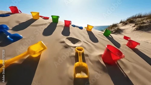 a serene coastal landscape features golden sand dunes gently sloping towards a sparkling blue ocean with colorful figures scattered across the crest of a
