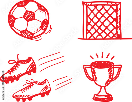 This vibrant collection of hand-drawn red doodle illustrations shows essential elements of soccer, a great resource for sports-themed graphic designs and digital content; it features a classic soccer 