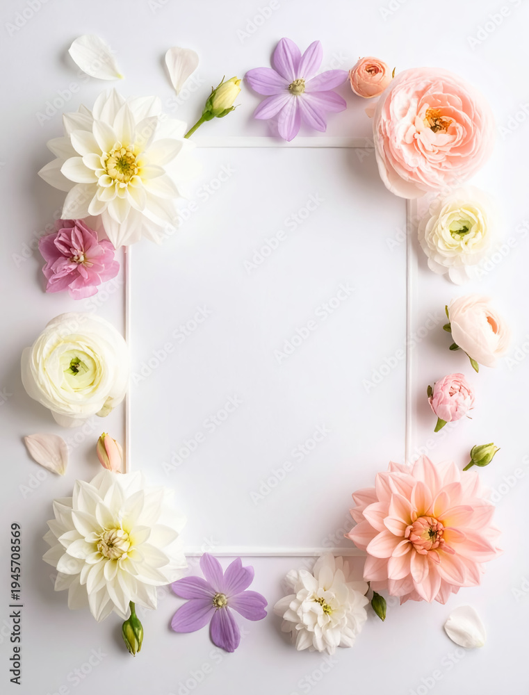Fototapeta premium Minimal pastel flower frame background with copy space, soft floral border