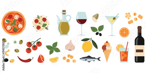 Italian cuisine illustration, food and drink artwork with pizza spaghetti wine olive oil garlic tomato basil dessert vector design
