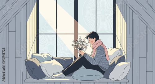 Cozy Person With Flower Bouquet Sitting By Window, Sunlight Rays, Winter Cozy Mood