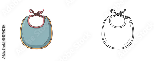 Baby bib in flat cartoon and linear styles with blue fabric and pink ties representing infant feeding equipment for nursery care on white background