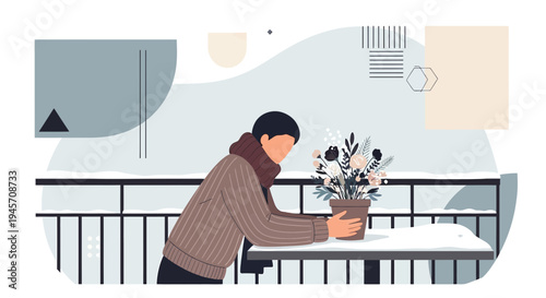 Cozy person with potted flowers in winter landscape, abstract shapes background