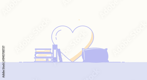 Cozy Reading and Rest: Books, Pillow, and Heart Outline