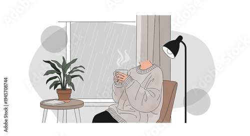 Cozy Rainy Day: Person Enjoying Hot Drink Indoors by Window
