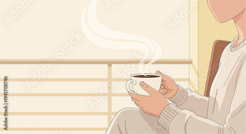 Cozy Morning Coffee Break: Person Holding Steaming Hot Cup Indoors