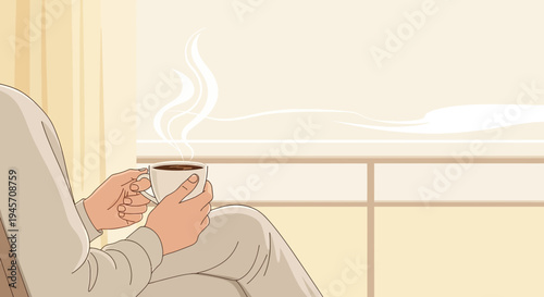 Cozy Morning Coffee Break: Person Holding Warm Mug by Window