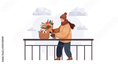 Cozy Person Arranging Autumn Flower Bouquet on Balcony