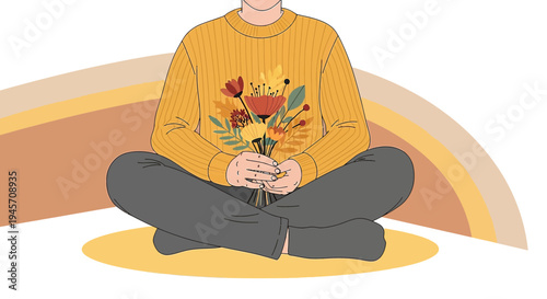 Cozy Person Holding Autumn Bouquet, Minimalist Floral Illustration