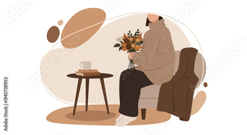 Cozy Person Holding Autumn Flowers in Minimalist Living Room
