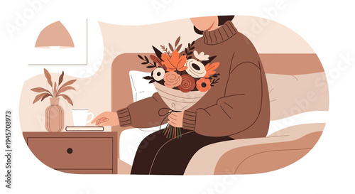 Cozy Person Holding Bouquet of Flowers in Bed, Morning Coffee and Plant