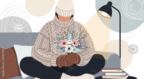 Cozy person holding winter bouquet, minimalist flat illustration, warm sweater, lamp light