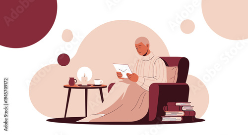 Cozy Person Reading Book in Armchair, Relaxing Home Scene Illustration