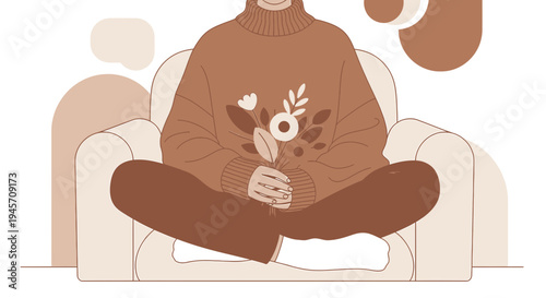 Cozy Person in Sweater Holding Flowers on Sofa, Minimalist Illustration