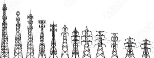 Electric transmission tower silhouettes collection, high voltage power line pylons and telecommunication towers vector illustration set for energy infrastructure design