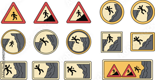 Rockfall hazard warning signs collection with falling rocks danger symbols, landslide caution icons for road safety and mountain areas vector set