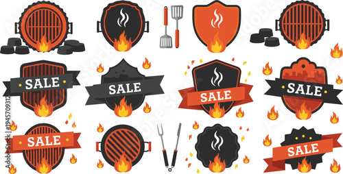 BBQ grill sale badges and barbecue promotion labels with flaming grill icons cooking tools and hot discount banners vector illustration set