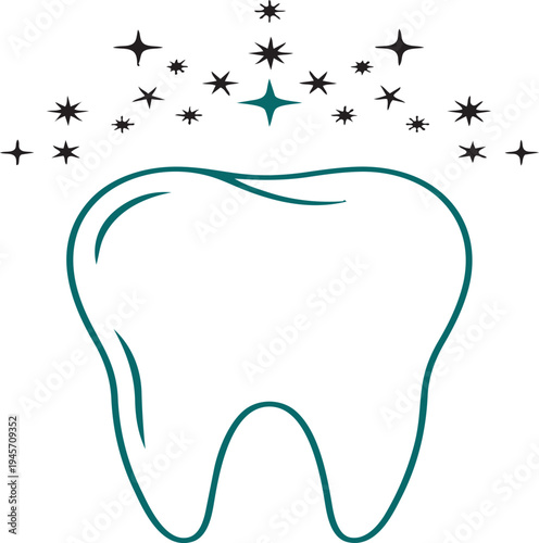 A minimalist graphic design of a clean white tooth surrounded by an arch of sparkling star icons