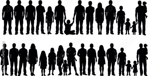 Large group of diverse family silhouettes standing together with adults and children, community lifestyle illustration showing unity, parenting, social connection and human diversity isolated on 
