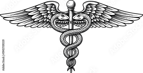 Medical caduceus symbol illustration with wings and intertwined snakes on staff, detailed vintage healthcare emblem design representing medicine, healing profession and pharmaceutical concept 