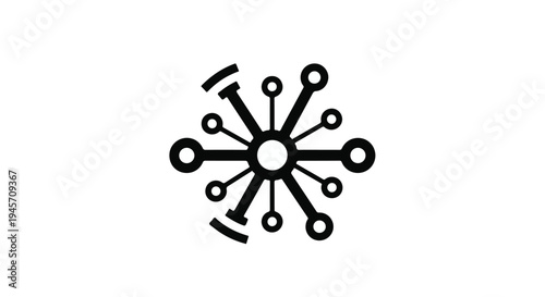 Abstract black and white digital network icon represents connectivity and decentralized system structure radiating from a central node.