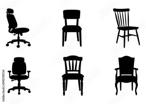 Set of Chairs silhouette, Office Chair, Wooden Chair.