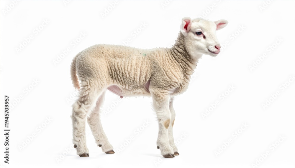 Fototapeta premium Standing Cream White Lamb Profile View on Plain White Background Studio Shot