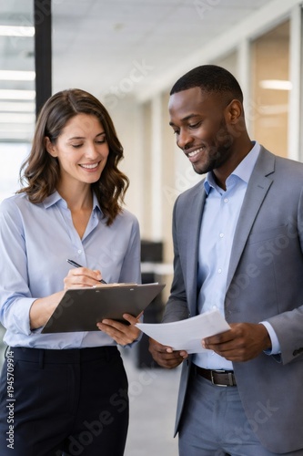 Multiracial business colleagues smiling in an office, reviewing documents together as the woman writes on a clipboard and the man holds papers, showing teamwork and planning