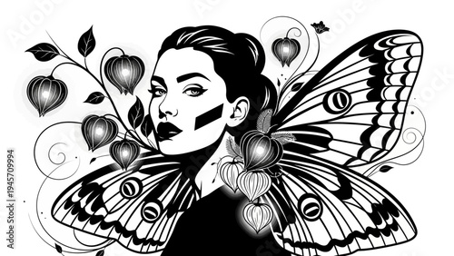 Enchanting Woman with Butterfly Wings and Glowing Lanterns, Dark Fantasy Art