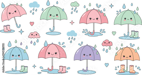 Cute Kawaii Umbrella Characters with Rain Clouds, Raindrops, Puddles, and Rain Boots in Adorable Cartoon Style for Kids Weather Illustration Set