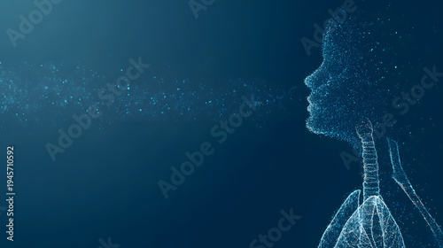 Digital particle profile of human breathing with illuminated lung and airway anatomy blue tone conveying respiratory illness and airflow