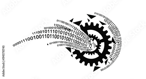 Dynamic illustration features black binary code streams swirling into a central mechanical gear system, suggesting digital information driving complex machinery processes.