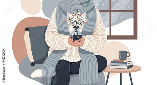 Cozy Winter Scene: Person in Sweater Holding Flowers by Snowy Window