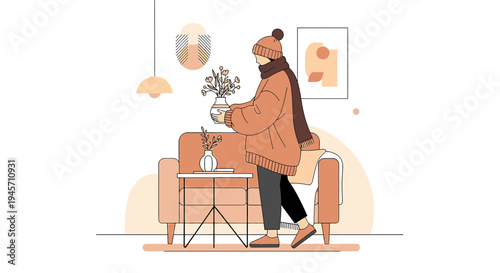 Cozy Winter Scene: Person in Warm Clothes Arranging Flowers Indoors