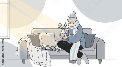 Cozy Winter Scene: Person in Warm Clothes Relaxing on Sofa with Vase
