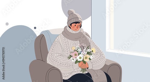 Cozy Winter Scene: Person in Warm Sweater Holding Flowers by Window