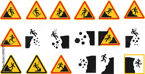Rockfall warning signs collection with falling rocks hazard symbols and cliff danger icons, construction safety road sign vector illustration set