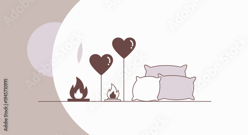 Cozy Romance: Hearts, Fireplace, Pillows - Warmth and Love Illustration