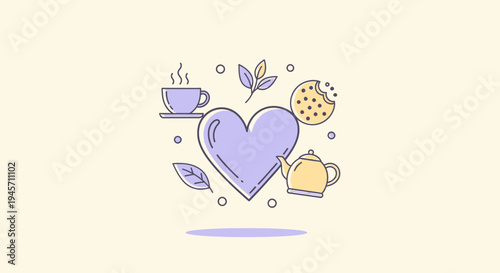 Cozy Tea Break with Heart Icon, Cookie, and Teapot - Relaxing Lifestyle Concept
