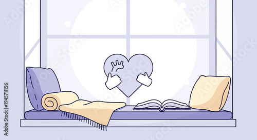 Cozy Window Nook with Heart Symbol, Blanket, Book, and Pillows - Relaxing Scene