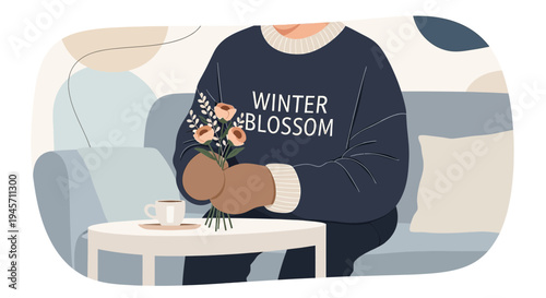 Cozy Winter Blossom Scene: Person with Flowers and Coffee on Sofa