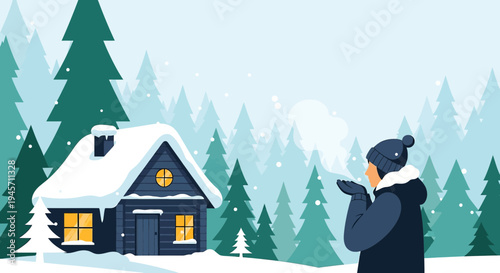 Cozy Winter Cabin Scene: Person Blowing Frosty Breath in Snowy Forest