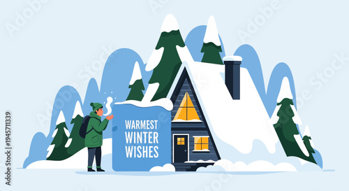 Cozy Winter Cabin Scene with Snow and "Warmest Winter Wishes" Message
