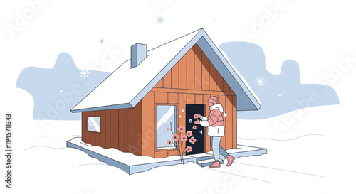 Cozy Winter Cabin Scene with Person Placing Flowers