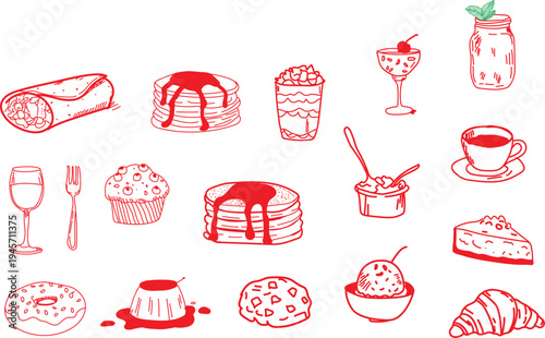 A charming collection of hand-drawn red outline illustrations presents a diverse assortment of popular food and beverage items, including various breakfast dishes, tempting sweet desserts like pastrie